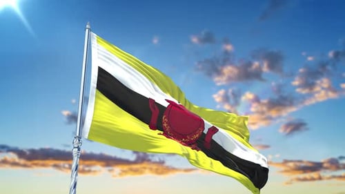 Brunei National Flag Waving Animation Against Blue Sky