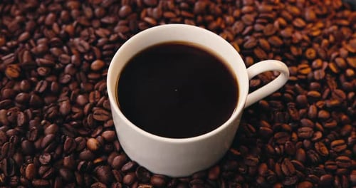Coffee beans, hot drink and cup of dark roast, morning caffeine fix and espresso to reduce fatigue