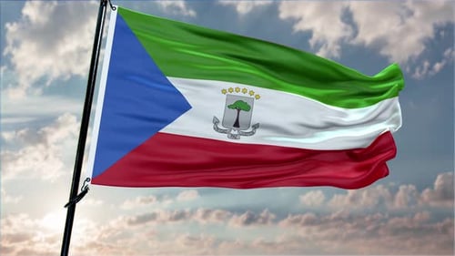 Waving Flag of Equatorial Guinea Against Cloudy Sky