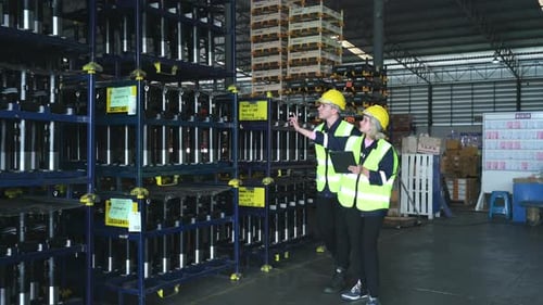 Both of employees in an auto parts warehouse,