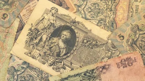 Nota de papel de rublo da Rússia Imperial, plano de fundo giratório, close-up