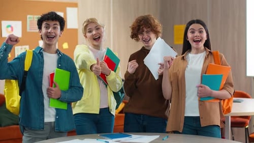 Four School Caucasian Students Happy Smiling Rejoice Celebrate Win Victory Thumb Up Good Result Pass