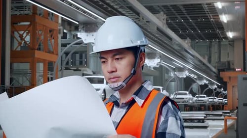 Vue latérale d'un ingénieur asiatique regardant le plan dans ses mains dans une usine de voitures électriques