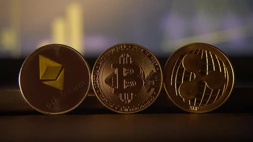 Cryptocurrency Coins: Bitcoin, Ethereum, and Ripple Close Up
