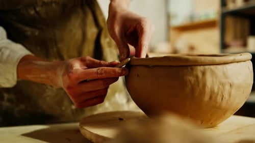 Creating handicraft pottery closeup of working table in ceramics studio with female master