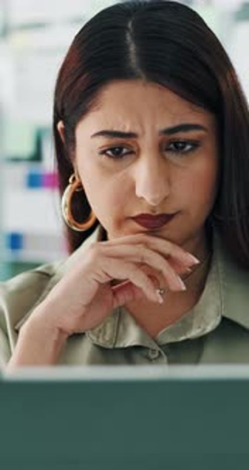 Creative, woman and thinking with tablet in office for research, proofreading article