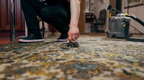 Person Removing Debris from Rug with Tool