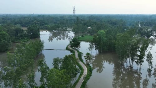 Aerial view of flooded area with road, Bangladesh.