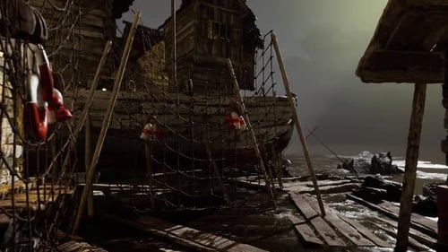 Dockside View of an Abandoned Fishing Vessel Under a Moody Sky