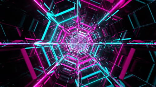 Achteckiger Neontunnel-Hintergrund in Cyan und Rosa VJ Loop l 4K