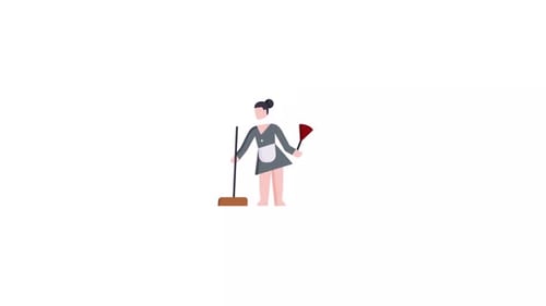 Flat Design Animation of a Maid Cleaning with Broom and Duster
