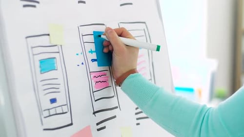 Creative woman designs mobile app interface on flip chart in modern office