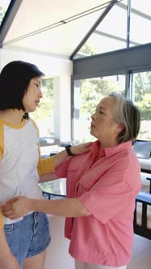 Vidéo verticale : Une femme âgée souriante embrassant une jeune femme dans un cadre familial lumineux et moderne