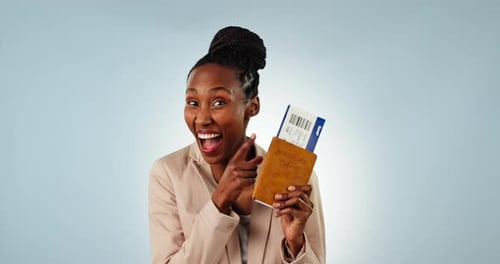 Happy woman, travel and ticket in studio on blue background in mockup for discount, holiday or trip