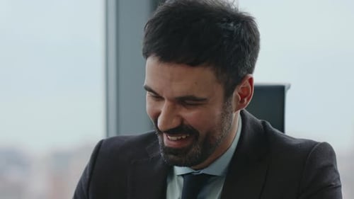 Closeup Smiling Manager Speaking at Video Conference Sitting Modern Office