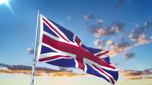 Realistic United Kingdom Flag Waving Against Blue Sky