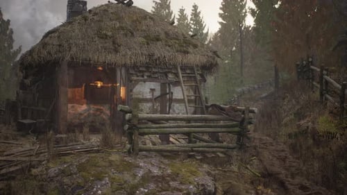 Wooden Log Cabin in Pine Forest in Summer