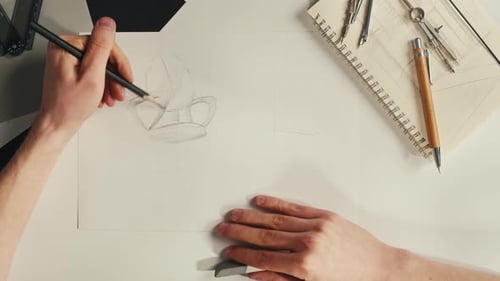 Designer Drawing on White Paper at Desk