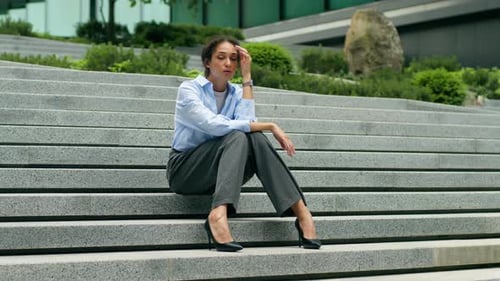 Depressed Sad African American Business Woman Sitting Stairs in City Tired Stressed Lady Female