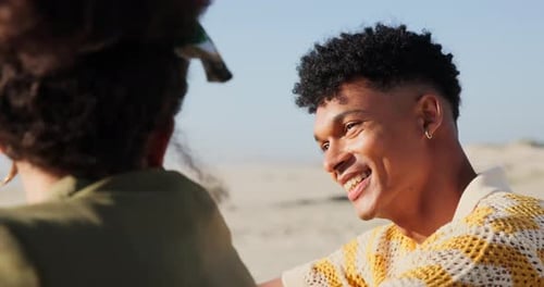 Couple, talking and relax on beach on vacation outdoor for bonding with love and a smile