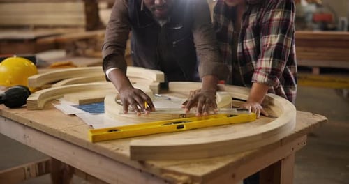 Carpenter, measurement and pencil with partners for construction, furniture or project