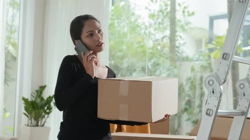 Woman Holding Box and Talking on Phone Indoors