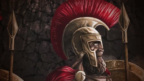 spartan warriors marching with shield and spear through thermopylae pass