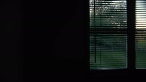 Moving shot of window with blinds.