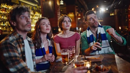 Group Friends Frustrated Match Result Sitting Modern Bar with Beer Closeup