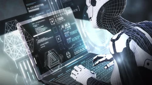 Robot Programming Futuristic Software on a Laptop with a HUD Interface