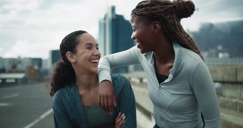 Runner, relax and laugh with women in city for workout partner, health and training discussion