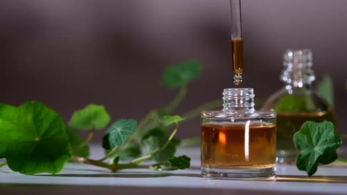 Produto de óleo essencial. Perfumaria. Gotas caindo da pipeta cosmética para o frasco de vidro com perfume