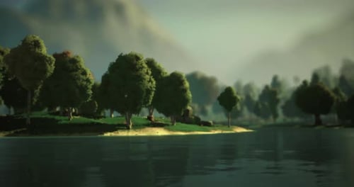 Green Island with Tranquil Water and Distant Mountains in Soft Light