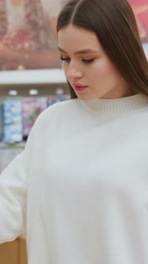Lady Observing Golden Decorative Ball with Festive Christmas Decorations in Decor Store