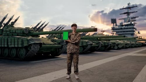 Asian man soldier smiling and showing green screen tablet to the camera With Tank