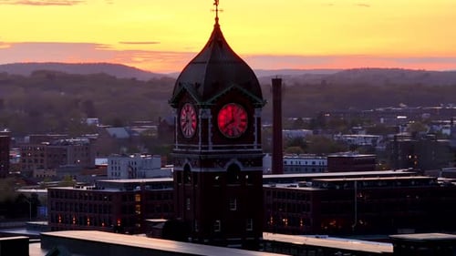 Sunset Drone Shot of Ayer Mill Clock Tower in Lawrence, Massachusetts