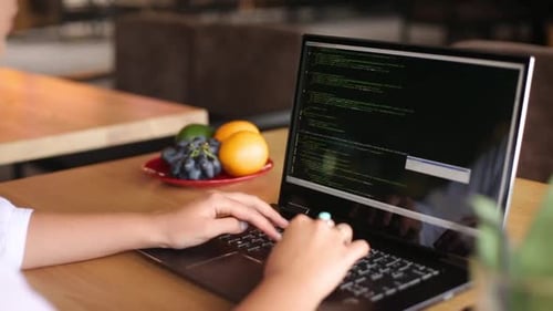 Back View Over the Shoulder Shot of Developer Programmer Female with Laptop Program Code and Script