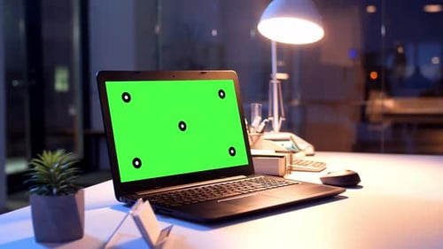 Business, Deadline And Interior Concept - Laptop Computer With Chroma Key Green Screen On Table A...