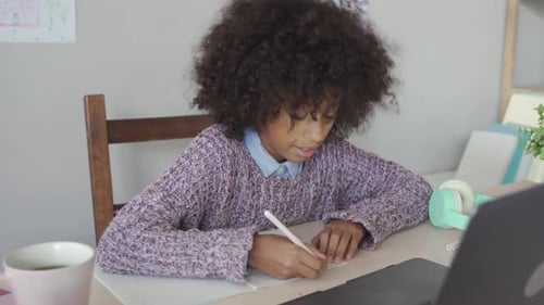 Happy african school kid girl learning online at home sitting at desk