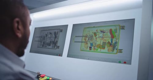 PC Monitors Showing Modern Software for Advanced Xray Scanning at Airport Security Checkpoint