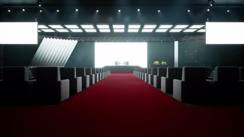 Empty Modern Conference Hall with Red Carpet and Bright Stage Lighting