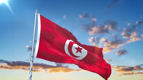Realistic Tunisia Flag Waving in Blue Sky