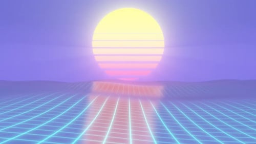 Retro Synthwave 80's Sun Above Wireframe Grid Neon Brillantes olas oceánicas, 4K