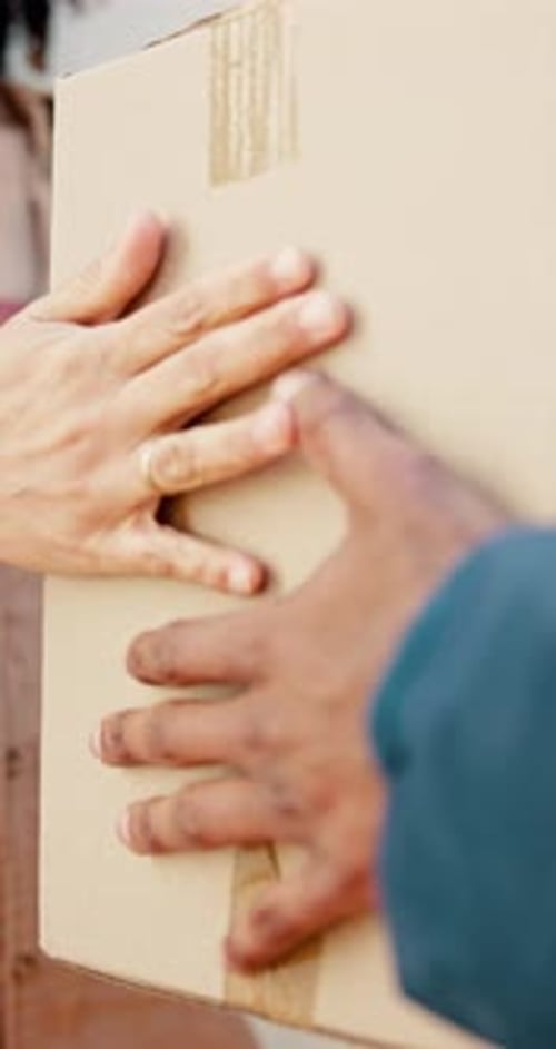 Box, delivery and hands of customer with courier at entrance to home for ecommerce order