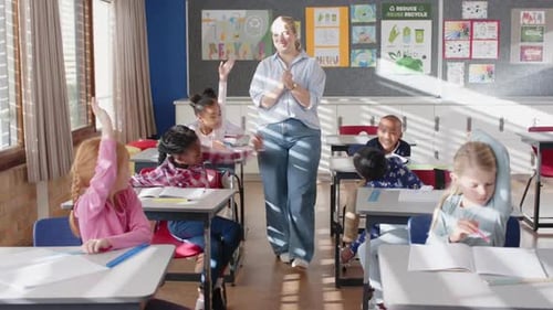 In school, female teacher interacting with students in classroom, engaging in discussion
