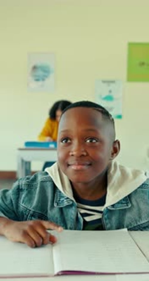 Boy Raises Hand in Class at School