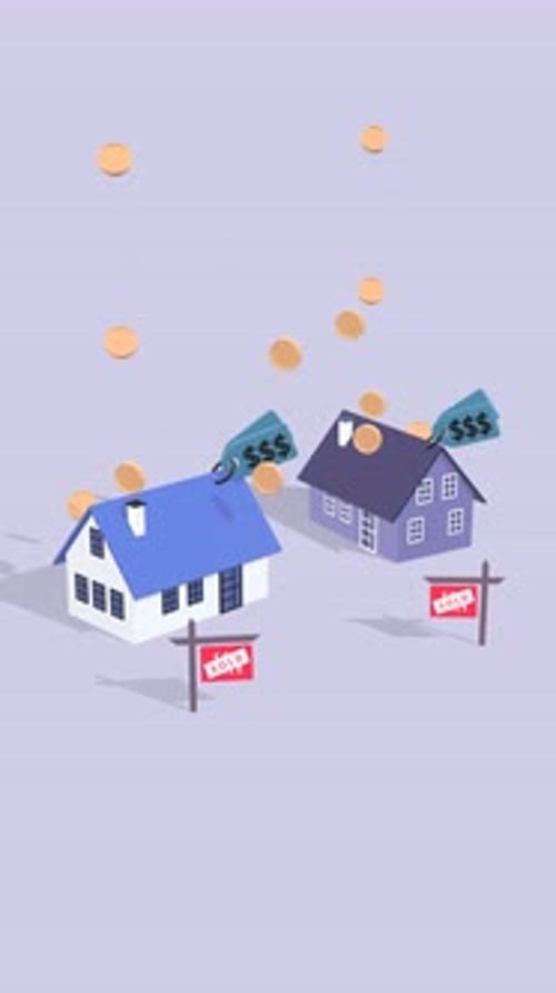 Animated Concept Of Property Purchase, Home Ownership, And Real Estate Market In Vertical Video.