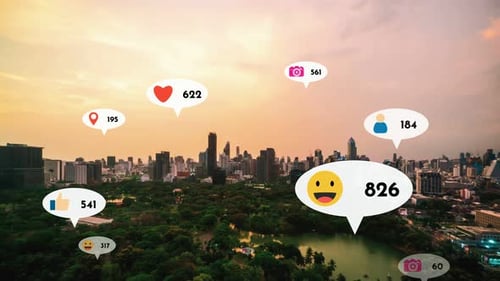Social Media Icons Fly Over City Downtown Showing People Reciprocity Connection