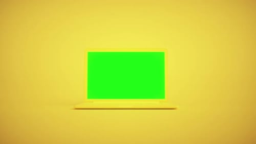 Yellow Laptop With Green Screen on Solid Yellow Background in Minimal Style