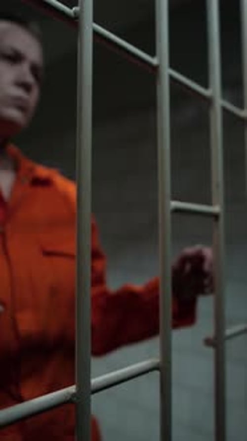 Weibliche Insassin steht in Gefängniszelle und hält Gitter